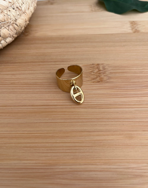 Bague femme en acier inoxydable doré, réglable avec une breloque en maille marine