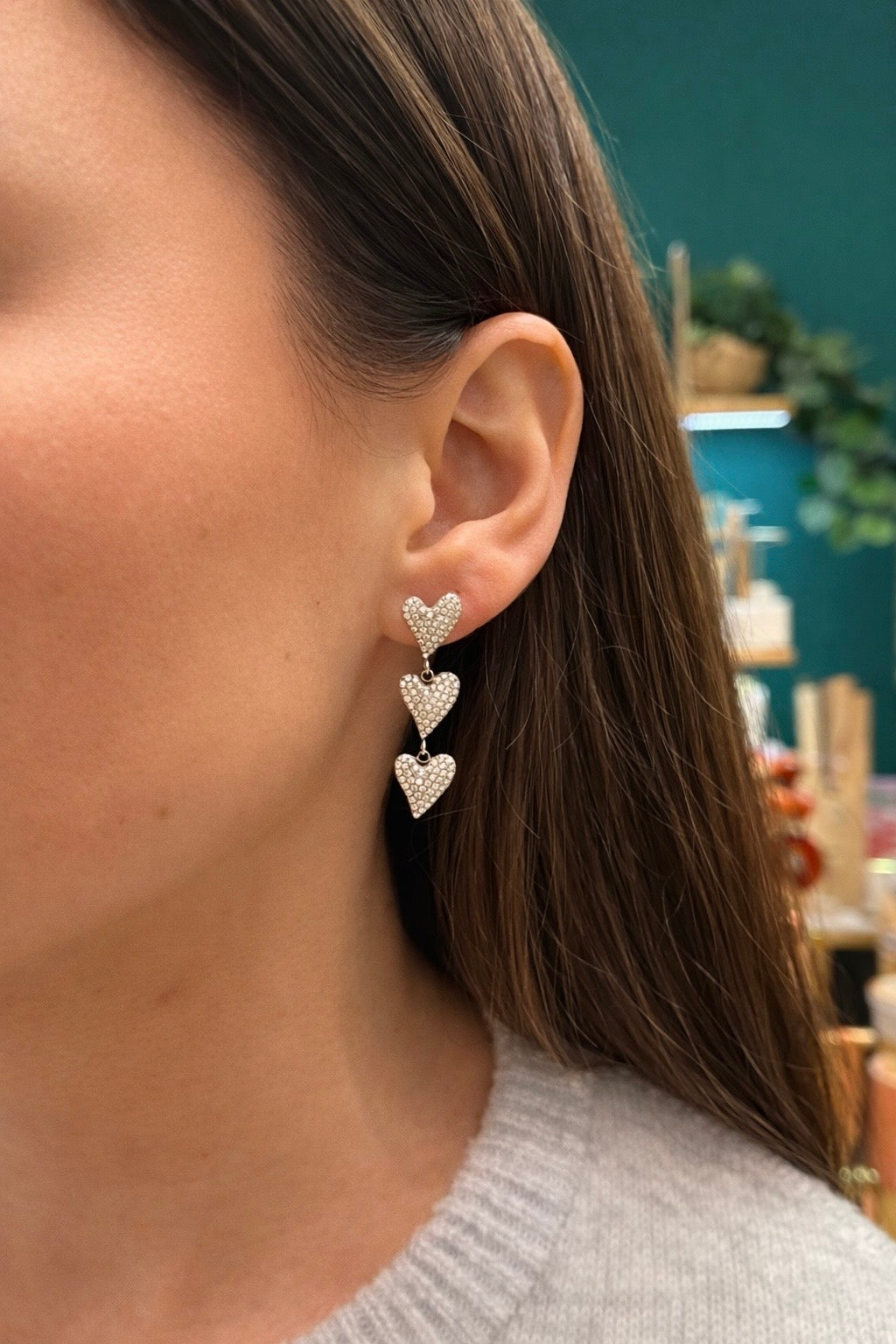 Boucle d oreilles pendantes avec 3 coeurs en acier inoxydable et zircons