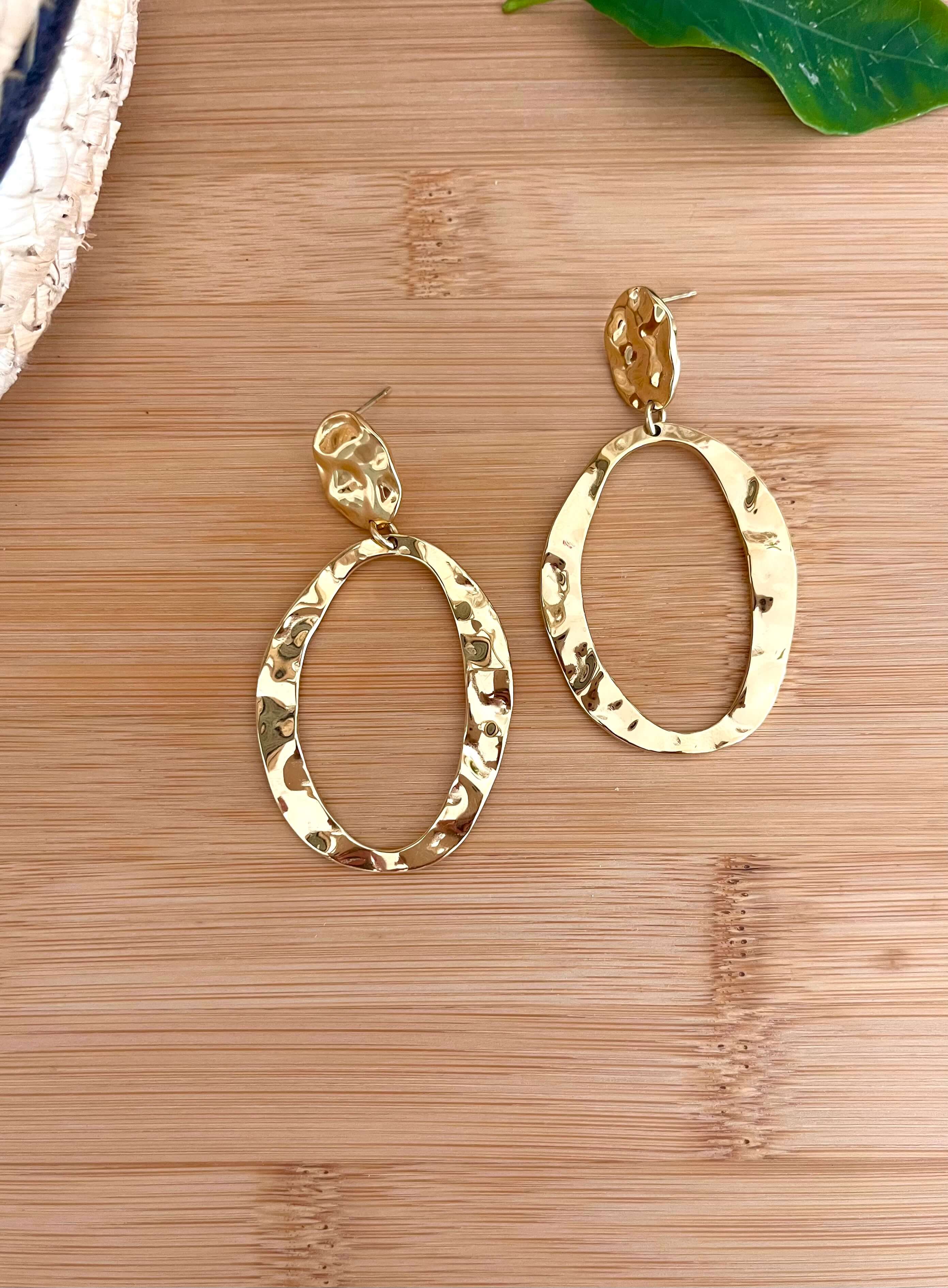Boucles d’oreilles pendantes martelé, en acier inoxydable doré 