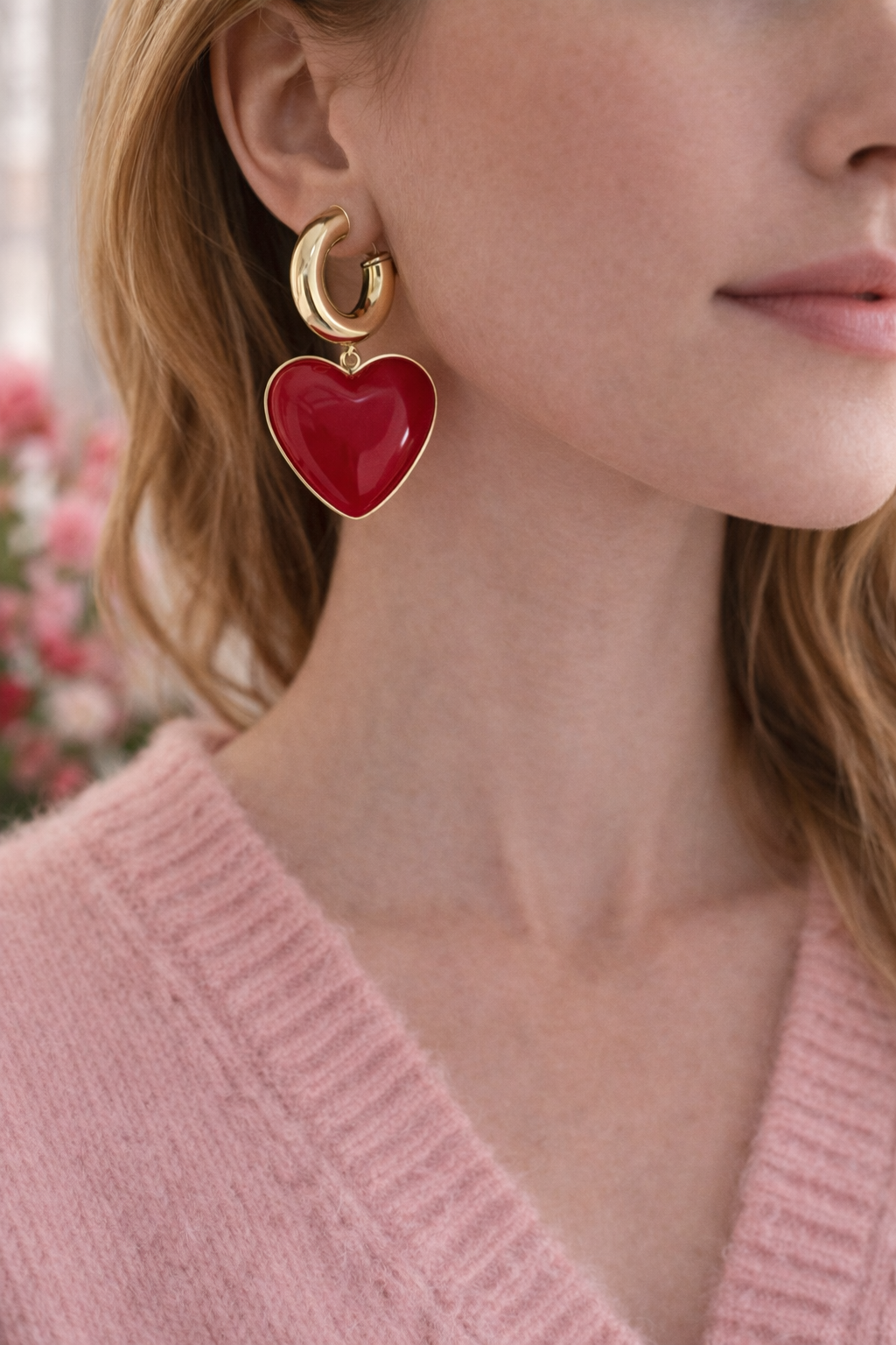 Femme portant une paire de boucles d’oreilles en forme de coeur rouge et en acier inoxydable doré