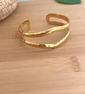 Bracelet manchette à deux rangées, martelé, en acier inoxydable doré