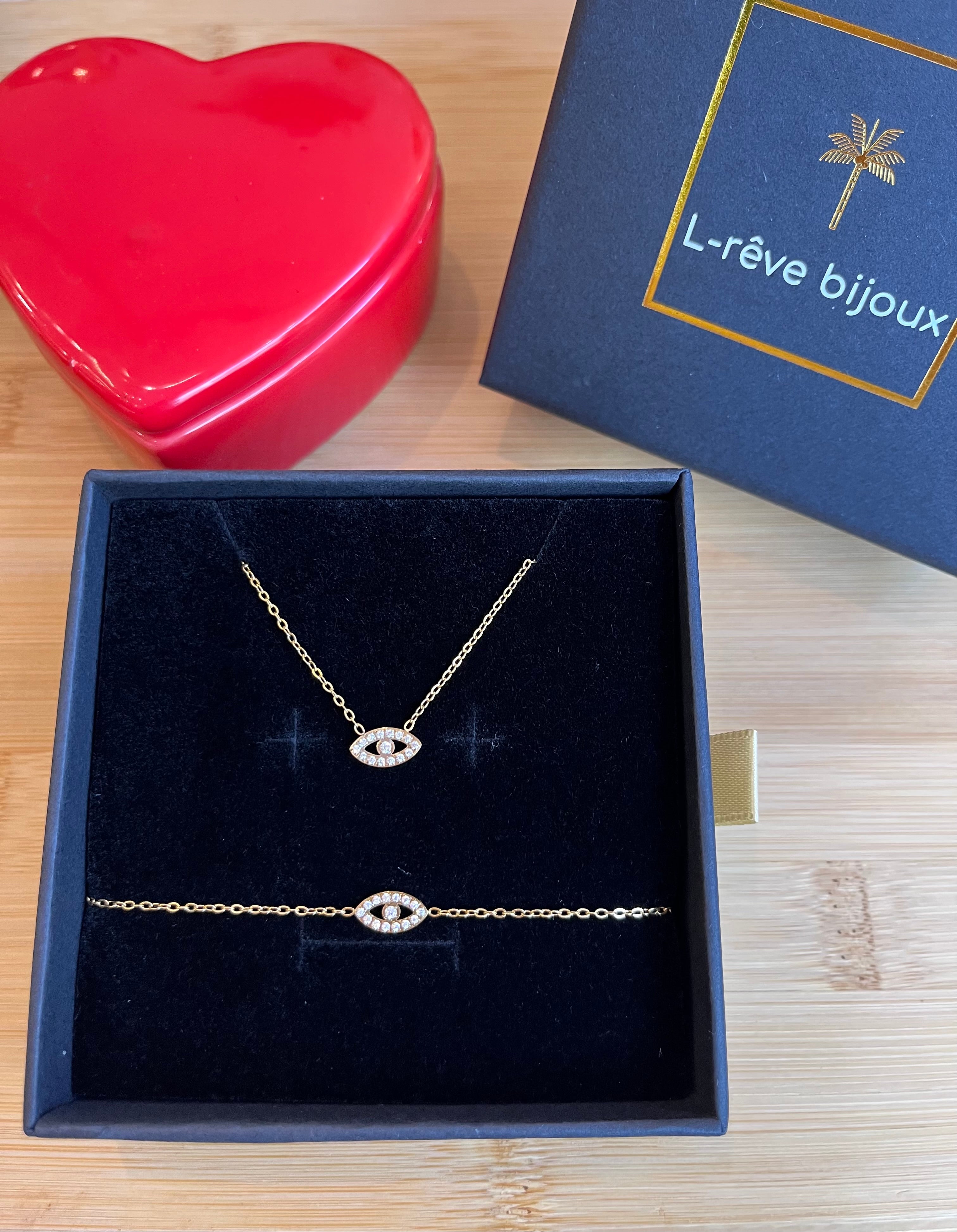 Coffret cadeau comprenant un collier et un bracelet avec un oeil fin en acier inoxydable doré et zircons 