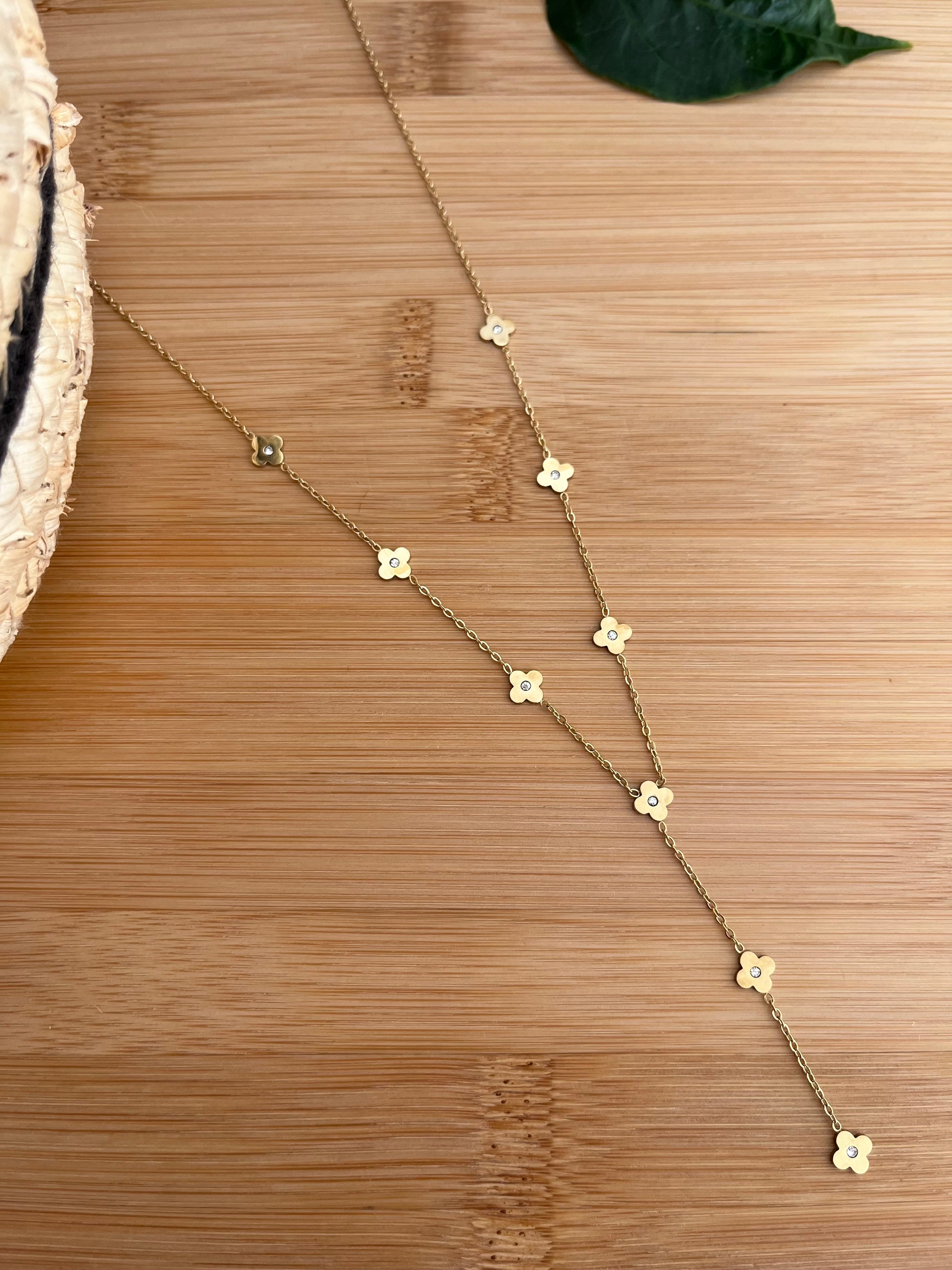Collier en forme de Y en acier inoxydable doré, orné de petites fleurs 