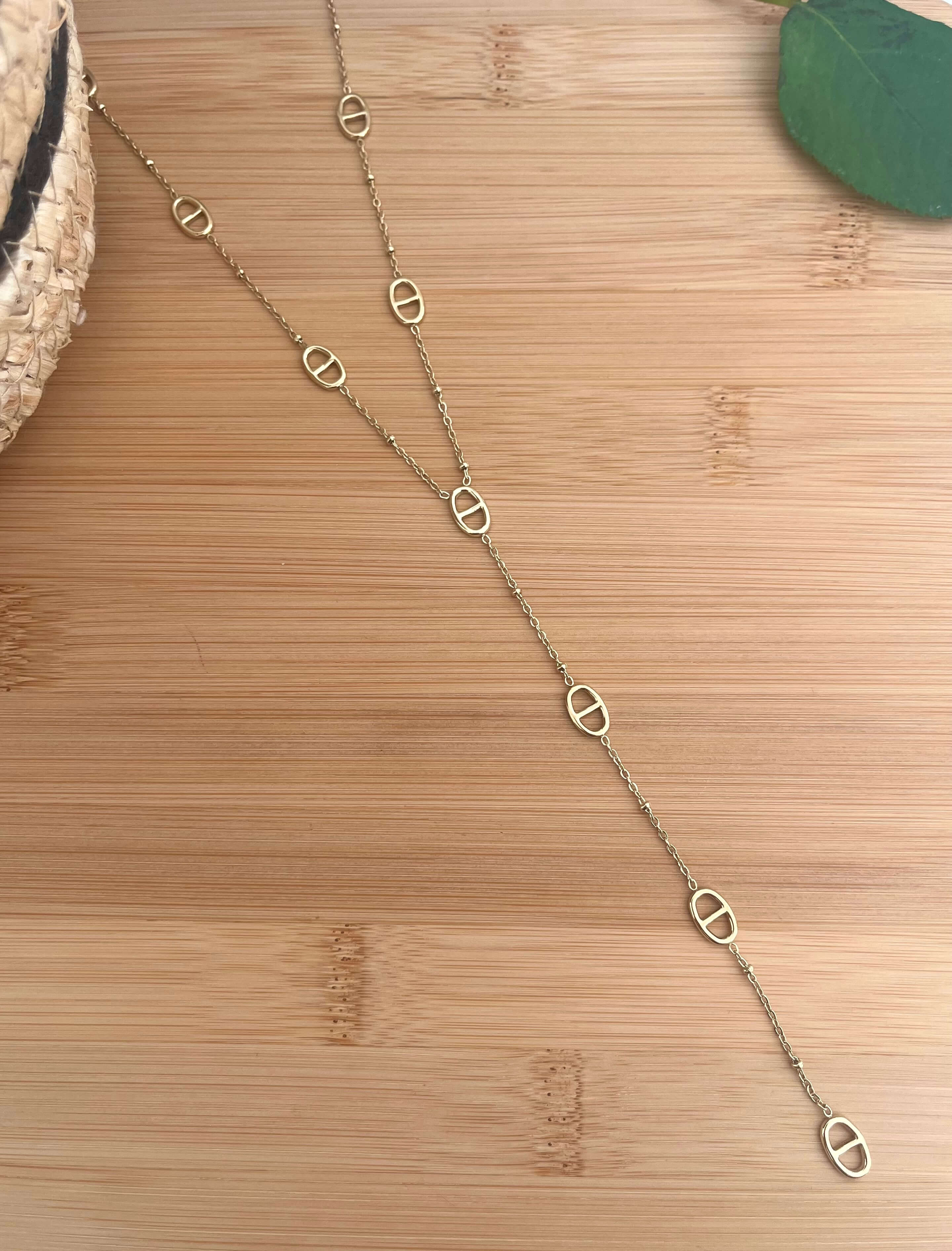 Collier femme en forme Y en acier inoxydable doré, en maille marine 