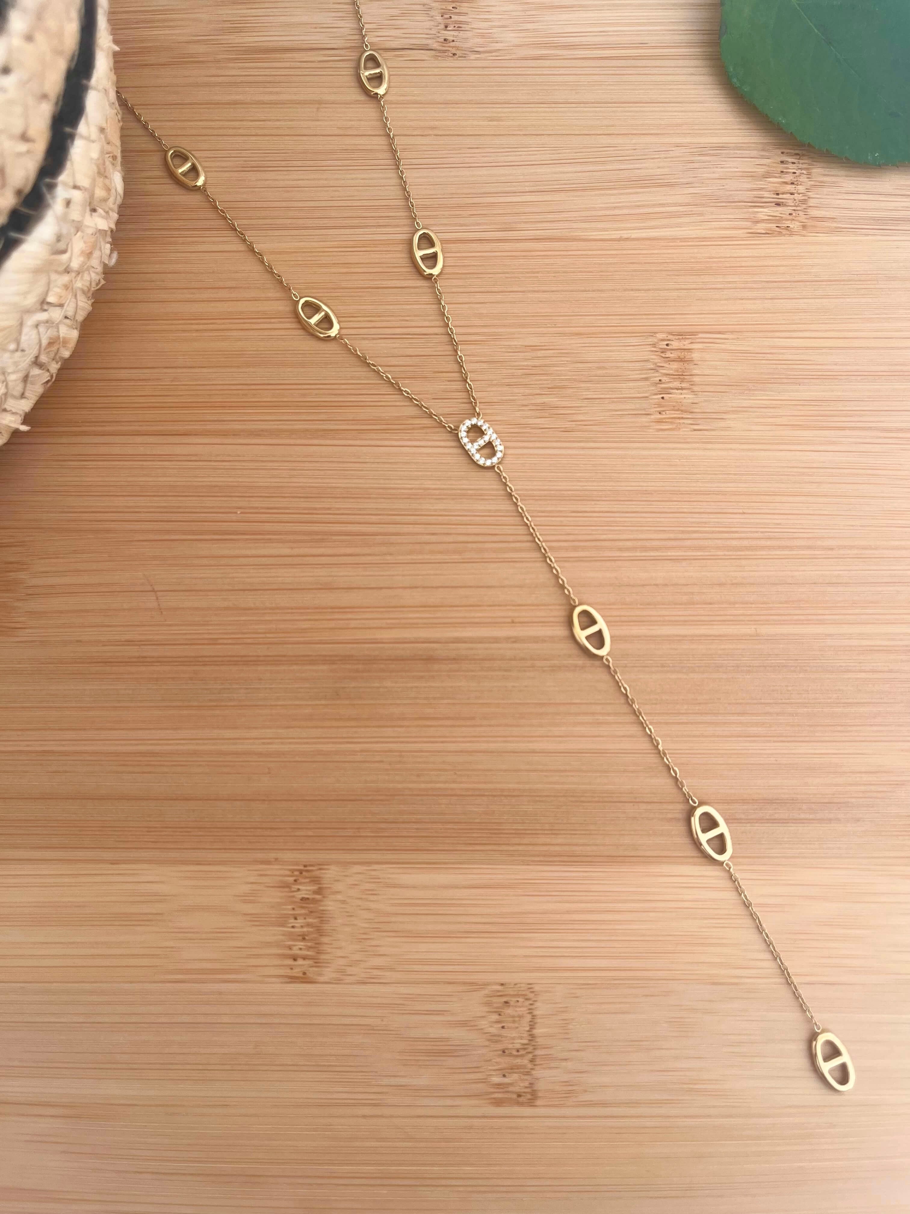 Collier femme en forme Y en maille marine, en acier inoxydable doré