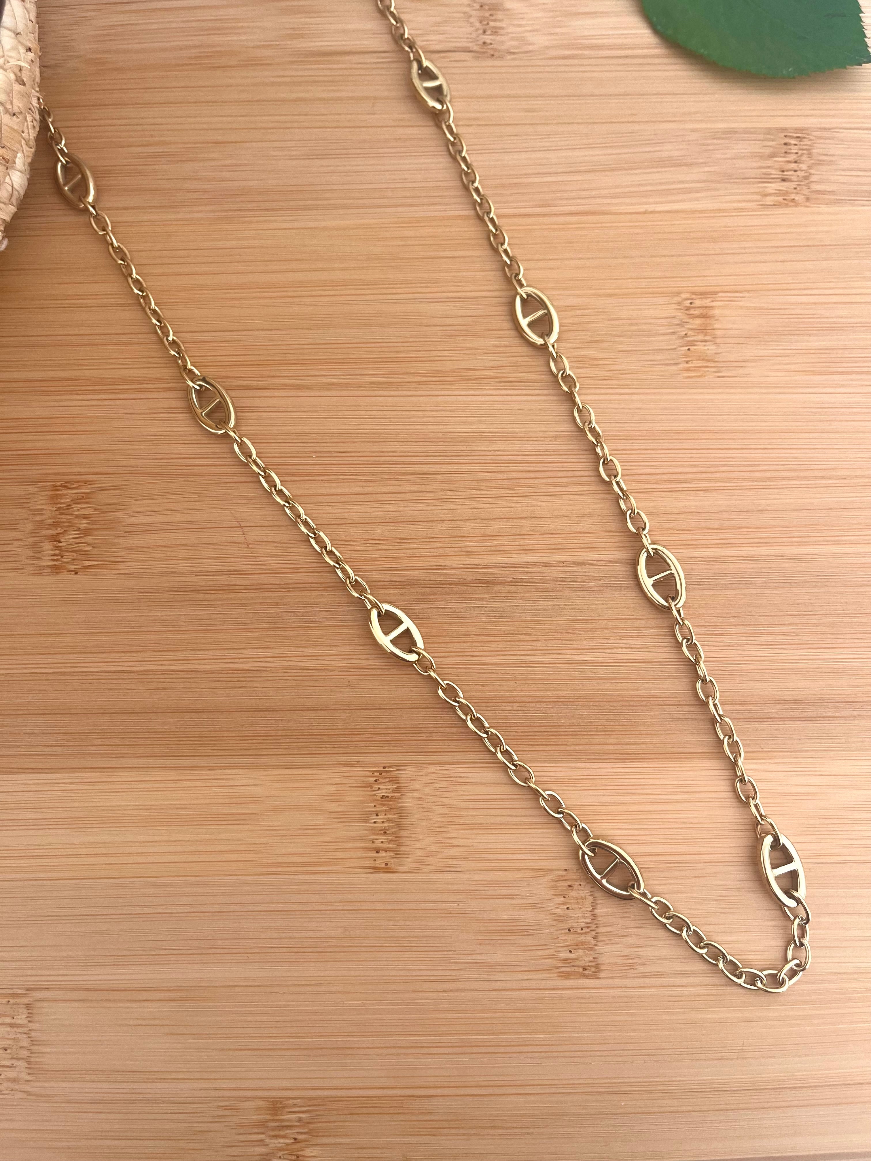 Collier sautoir femme en maille marine, en acier inoxydable doré