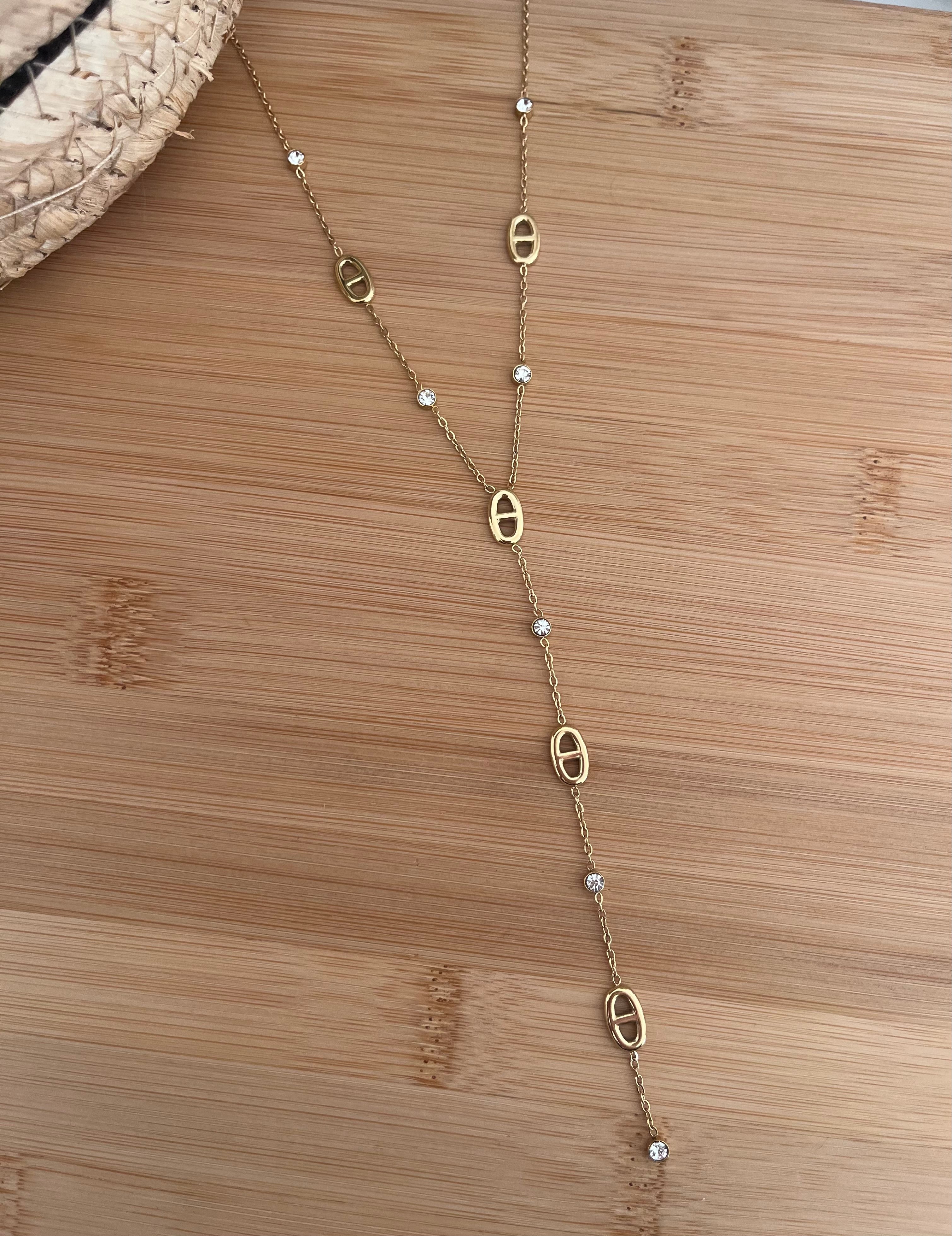 Collier femme en acier inoxydable doré avec des zirconium, en maille marine forme Y