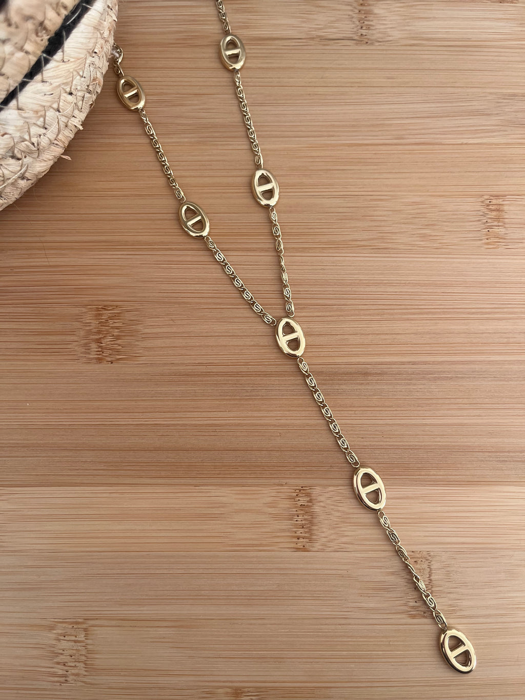 Collier femme en maille marine, en acier inoxydable doré et en forme Y
