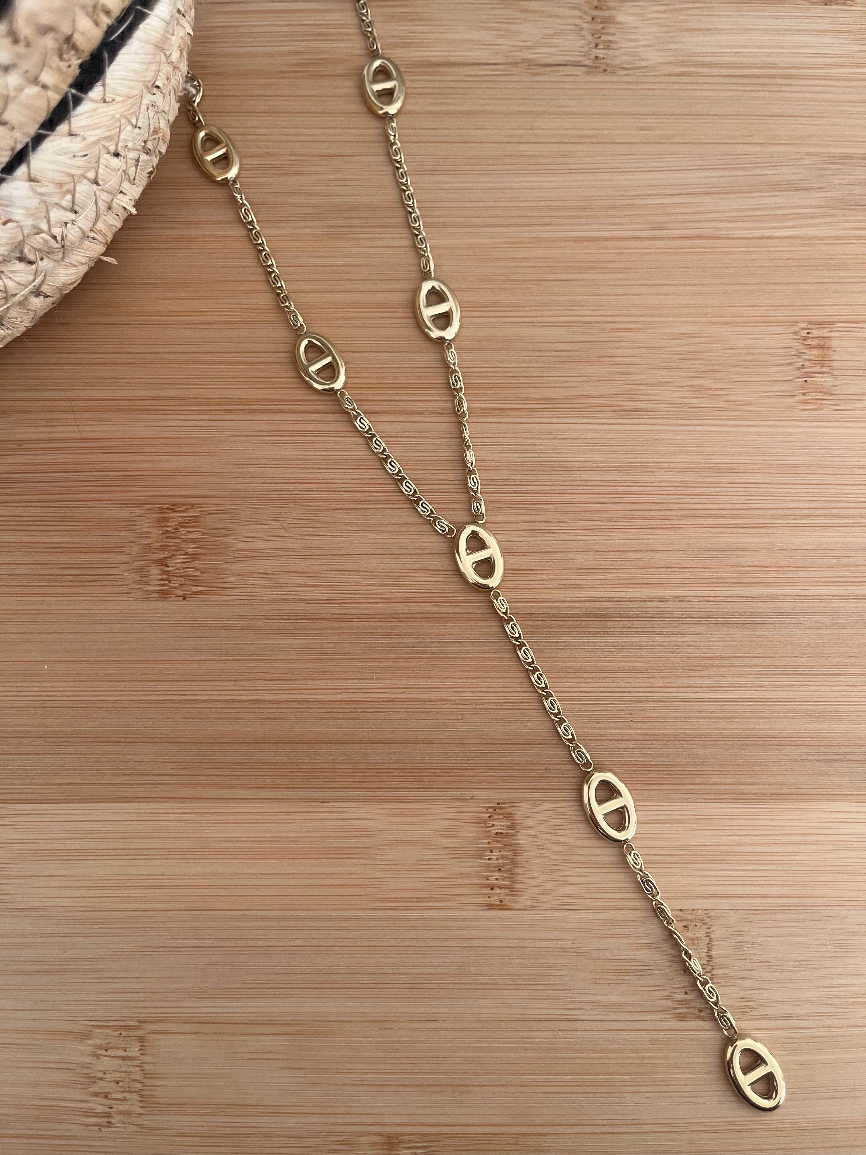 Collier femme en maille marine, en acier inoxydable doré et en forme Y