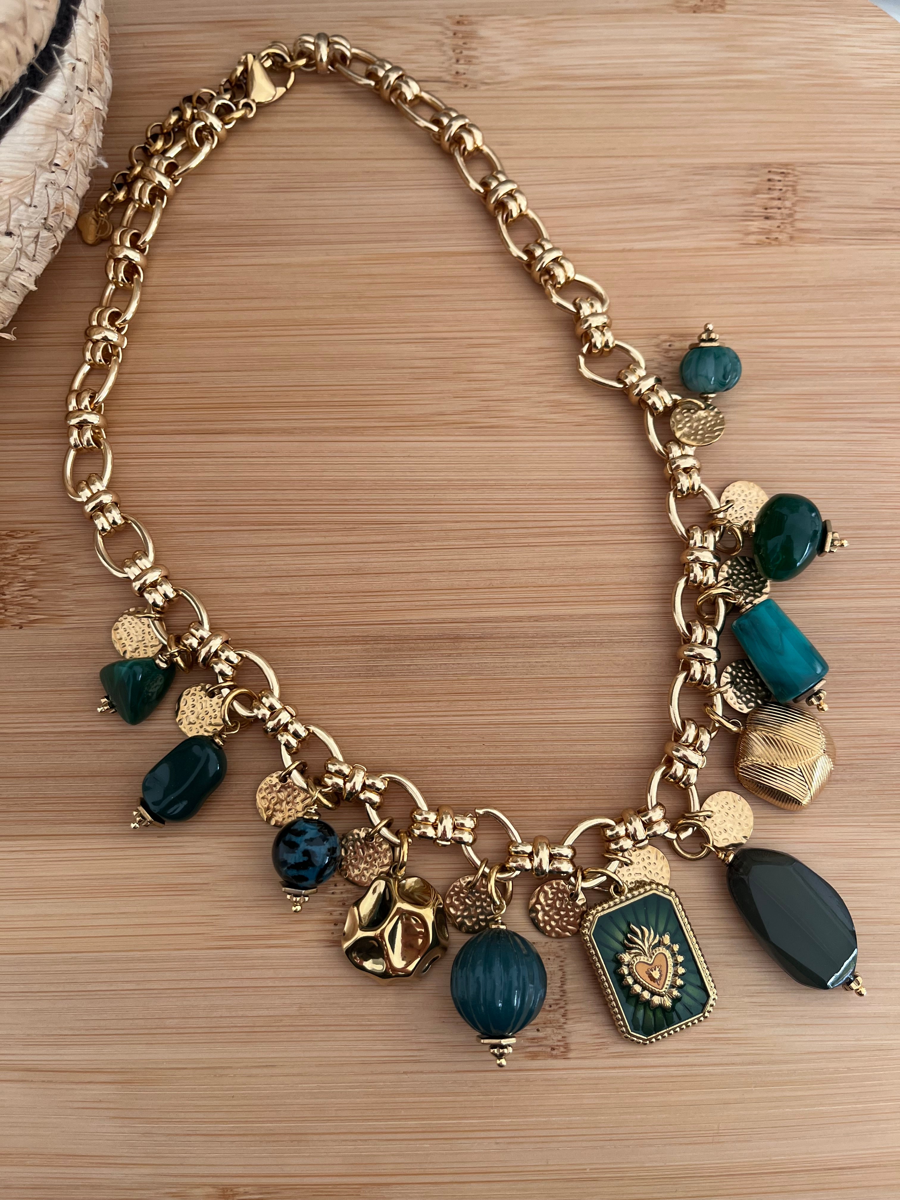 Collier femme en acier inoxydable doré, orné de pampilles 