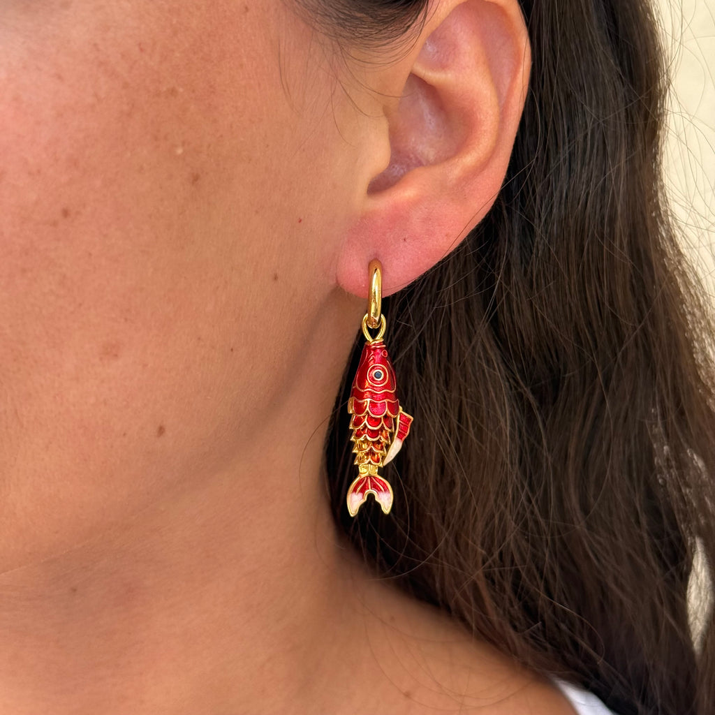 Boucles d'oreilles pendantes dorées POISSON rouge