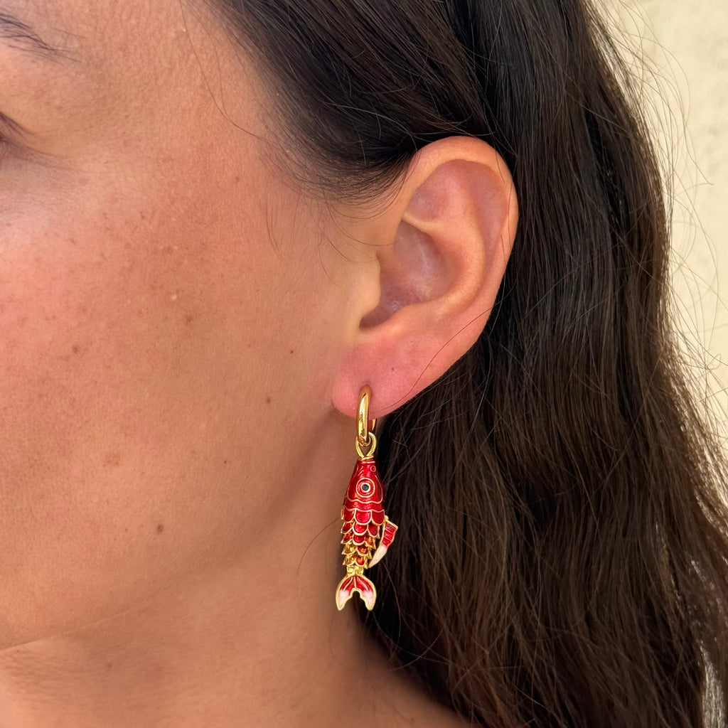 Boucles d'oreilles pendantes dorées POISSON rouge